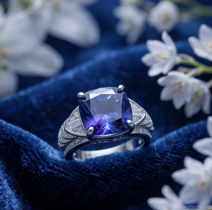 Precious - Art Deco Design asscher cut 15.9 CARAT Tanzanite rhodium over .925 Sterling Silver Statement Ring s. 7 - Close-up of Art Deco tanzanite ring with floral background