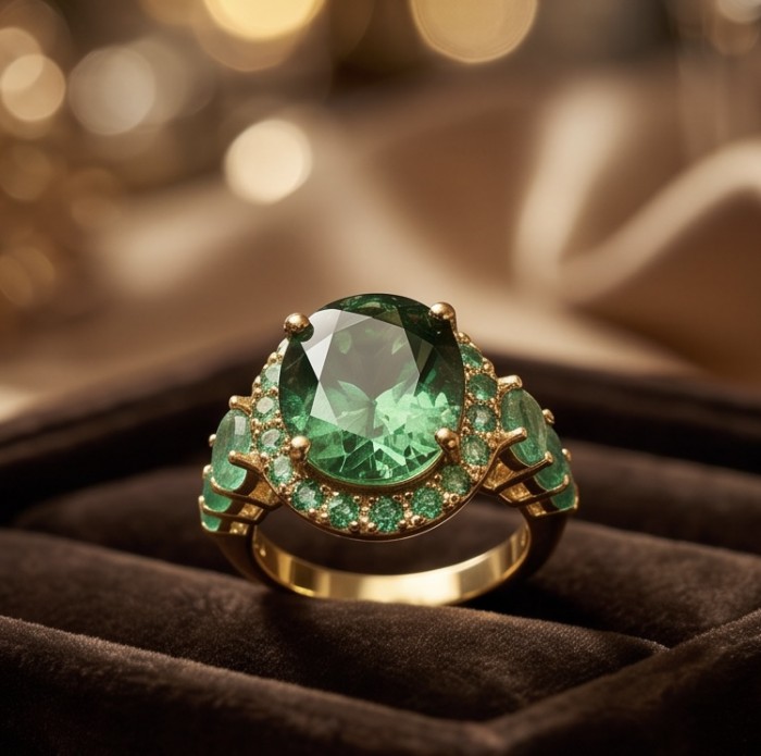 Elizabeth oval cut 12.8 carat top quality Colombian Emerald .925 Sterling Silver dipped in 22K Gold handcrafted Ring size 6 - Close-up of Elizabeth oval-cut Colombian emerald ring on display.