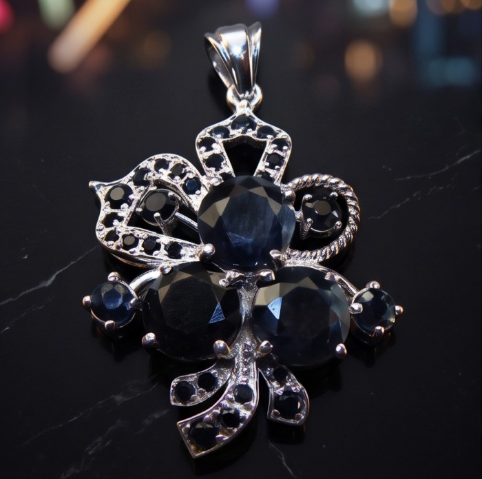 Vintage Style 10.7 carat Sapphire Rhodium over .925 Sterling Silver handcrafted pendant - Vintage-style sapphire pendant, close-up to show intricate details.