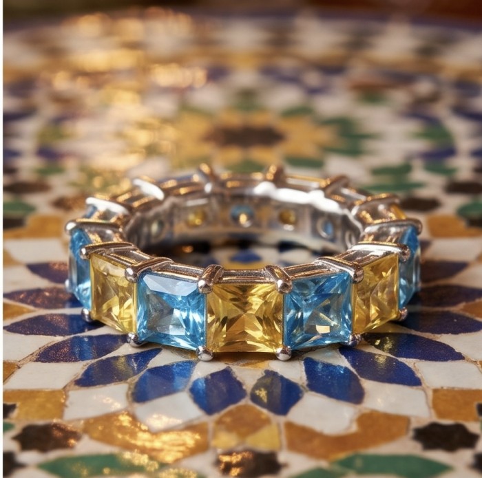 Sun and Ocean 5.8 carat Multigem rhodium over .925 Sterling Silver Handcrafted Ring size 6 - Multigem ring close-up on patterned surface, rhodium over sterling silver.