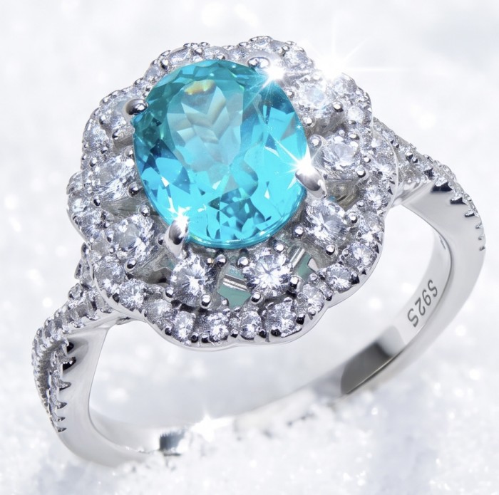 WONDERLAND 4.8 carat Paraiba Tourmaline .925 Sterling Silver Handcrafted Ring size 8 - Close-up of a Paraiba Tourmaline ring in sterling silver, top view.