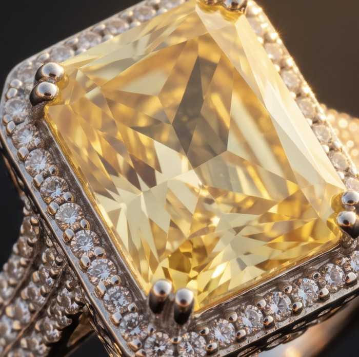 Solid 8.8 carat Genuine Yellow Sapphire .925 Sterling Silver handcrafted ring size 6 1/4 - Close-up of a yellow sapphire ring with diamond accents in sterling silver.