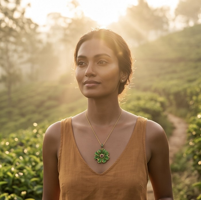 Blooming Garden Genuine 3.7 carat Kashmir Ruby Green Enamel .925 Sterling Silver dipped in 22K Gold Statement Pendant - Woman wearing Blooming Garden necklace in outdoor setting