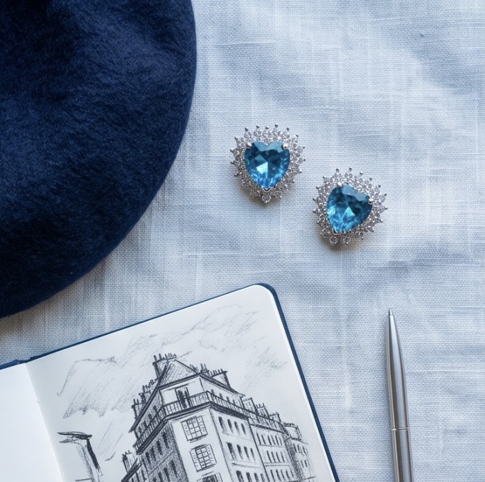 Heartes 6.7 carat Swiss Blue Topaz .925 Sterling Silver Handcrafted earrings - Top view of Heartes 6.7 carat blue topaz earrings on fabric background.