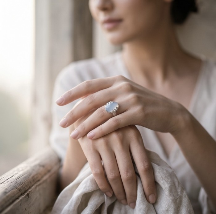 Top quality 22.2 carat Brazilian Rose Quartz .925 Sterling Silver dipped in rhodium Handcrafted Ring size 8 - Rose quartz ring worn on hand, focus on gemstone and setting.