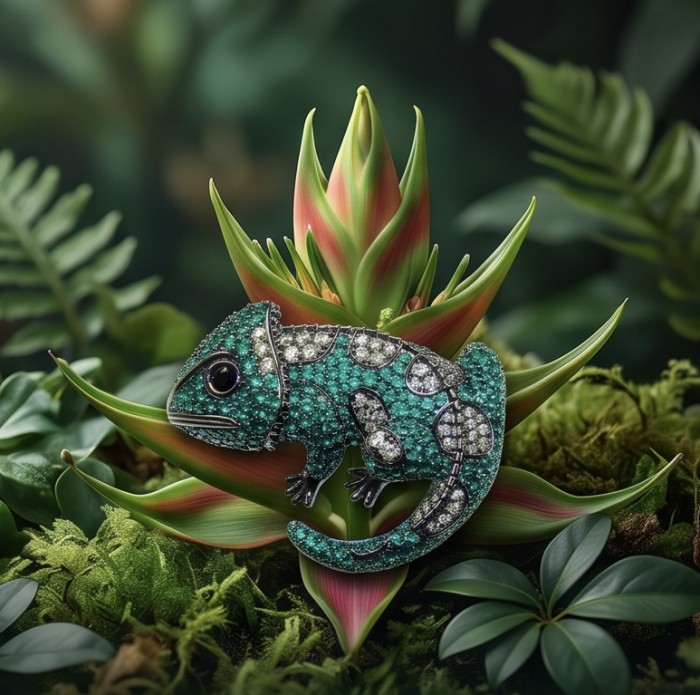 Spectacular - Chameleon Lizard 7.2 carat Tsavorite Garnet black rhodium over .925 Sterling Silver handmade Brooch - Chameleon brooch with gems on tropical plant, side view.
