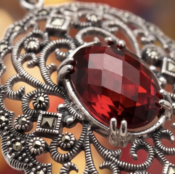 Vintage Style - Precious - Genuine 14.5 carat Ruby Marcasite Rhodium over .925 Sterling Silver handmade Pendant - Close-up of a vintage-style ruby and marcasite pendant.
