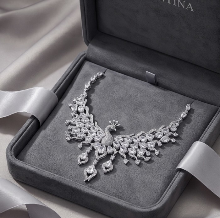 55.2 carat Graceful Swan Natural White Topaz rhodium over .925 Sterling Silver handcrafted Statement necklace - Peacock necklace in box, top view, 55.2 carat white topaz detailing