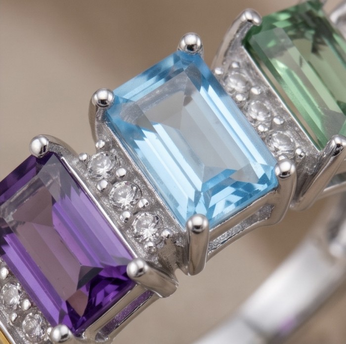 My own Rainbow - authentic 8.7 carat multigem .925 Sterling Silver Eternity Ring size 7 - Close-up of multigem sterling silver ring with colorful stones.