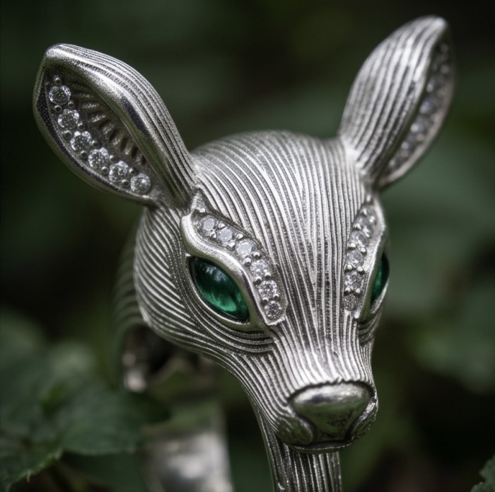 Deer'S Head 0.5 carat Emerald .925 Sterling Silver handmade Statement Ring s. 7 1/4 - Close-up of Deer’s Head Emerald Sterling Silver jewelry detail.