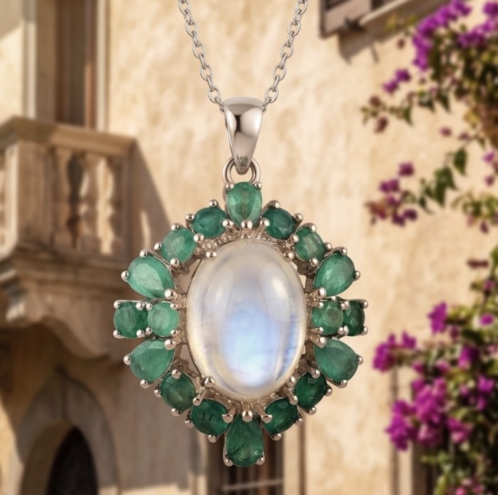 Rosemary - Top quality 17.8 carat Brazilian Rose Quartz .925 Sterling Silver dipped in rhodium Handcrafted pendant - Close-up of pendant with moonstone and emeralds in sunlight.