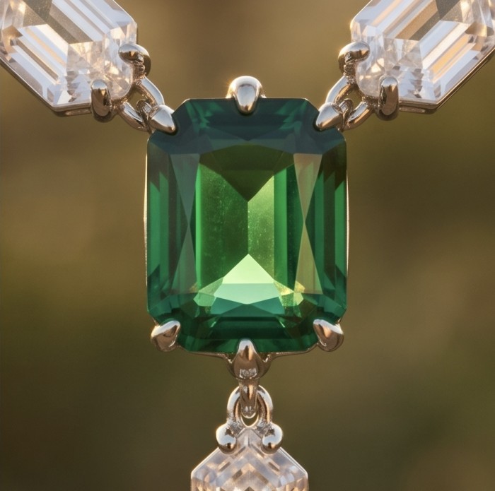 Giovanna - Authentic 7.5 CARAT natural Colombian Emerald .925 Sterling Silver handcrafted necklace - Emerald stone close-up with silver clasp detail.