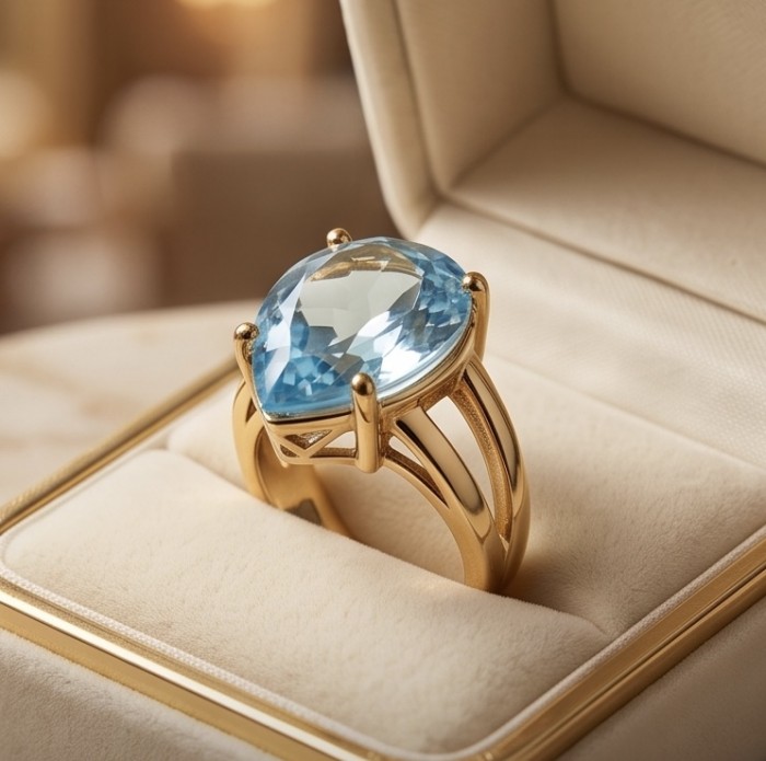 Nirvana Natural Fancy pear cut 17.8 carat Swiss Blue Topaz .925 Sterling Silver dipped in 14K Gold handmade Statement Ring size 5 - Side view of a 17.8 carat pear cut Swiss Blue Topaz ring in a box.