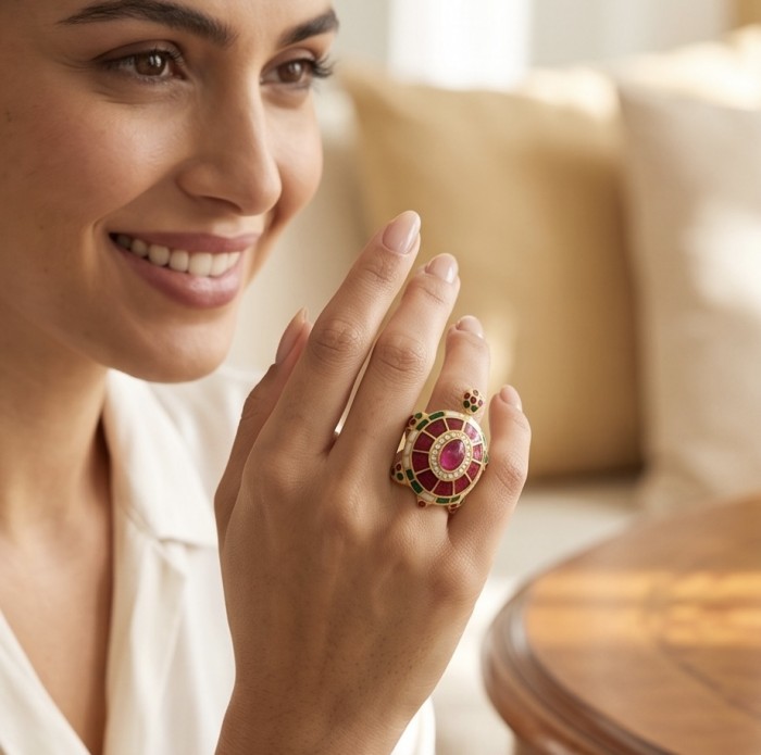 Good health and Long life Turtle Genuine 2.6 carat Ruby enamel .925 Sterling Silver dipped in 22K Gold handmade HUGE Ring size 6 - Turtle ring with ruby, worn on hand, showing side detail.