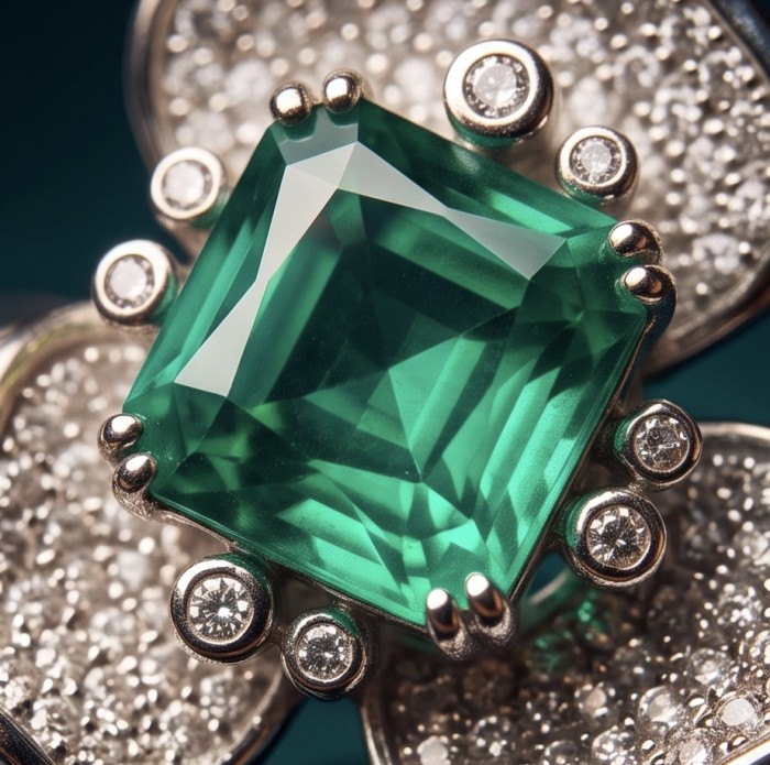 Elizabeth 4.8 carat Colombian Emerald 8.2 carat Moissanite .925 Sterling Silver dipped in Rhodium handcrafted Ring size 7 - Close-up of Elizabeth ring, Colombian emerald and moissanite accents