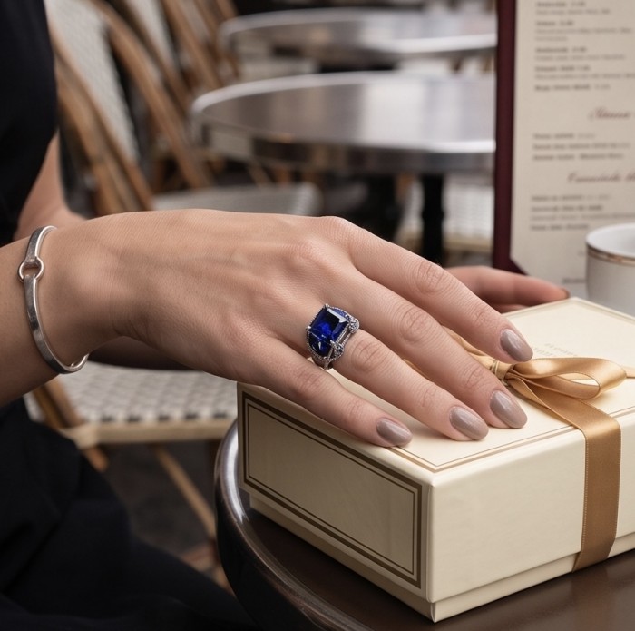 Brutalist design 19.5 carat Sapphire .925 Sterling Silver handmade Statement ring size 7 1/4 - Hand wearing 19.5 carat sapphire ring on table with gift box