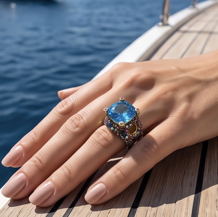 The Ocean Empress 28.8 carat Swiss Blue Topaz 5.2 carat Sapphire 22K Gold over .925 Sterling Silver dipped in rhodium handcrafted ring size 6 - Worn on hand: The Ocean Empress with Swiss Blue Topaz and sapphires
