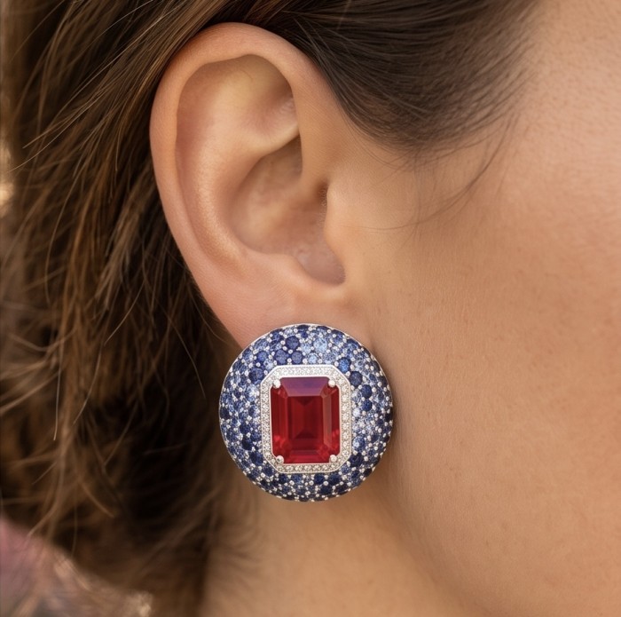 Giovanna - Magnificent Jewel - 15.2 carat Kashmir Ruby 4.8 pave Sapphire .925 Sterling Silver dipped in rhodium handcrafted incredible Statement earrings - Earring worn featuring 15.2 carat Kashmir ruby surrounded by blue stones.
