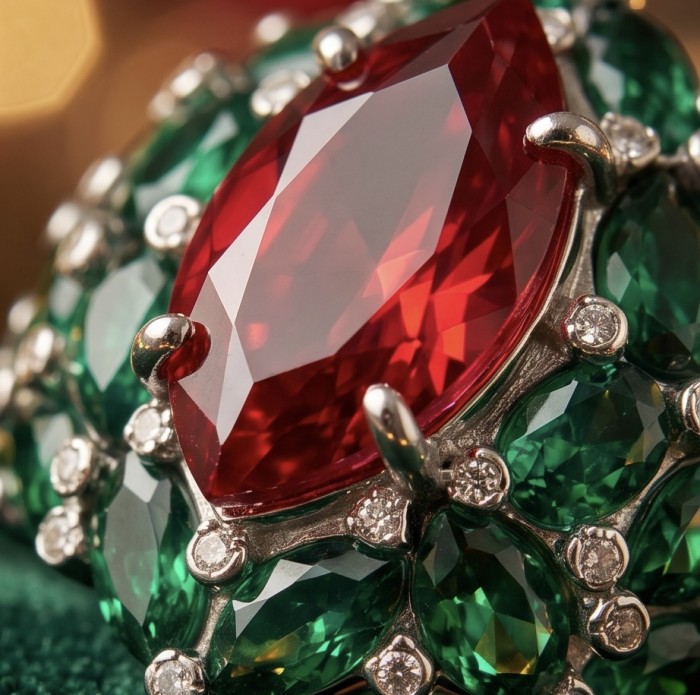 Giovanna 28.6 carat Ruby Emerald .925 Sterling Silver dipped rhodium handmade Huge Statement Ring size 8 - Close-up of Giovanna 28.6 ct ruby and emerald sterling silver ring