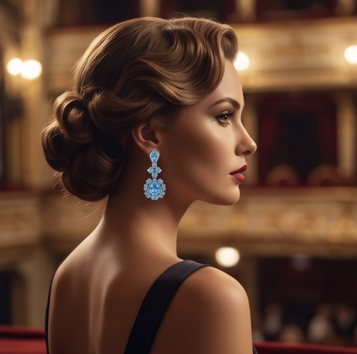 Atlantica 47.7 carat Swiss Blue Topaz .925 Sterling Silver dipped in Rhodium Handcrafted Statement earrings - Side view of woman wearing Atlantica Swiss Blue Topaz earrings.
