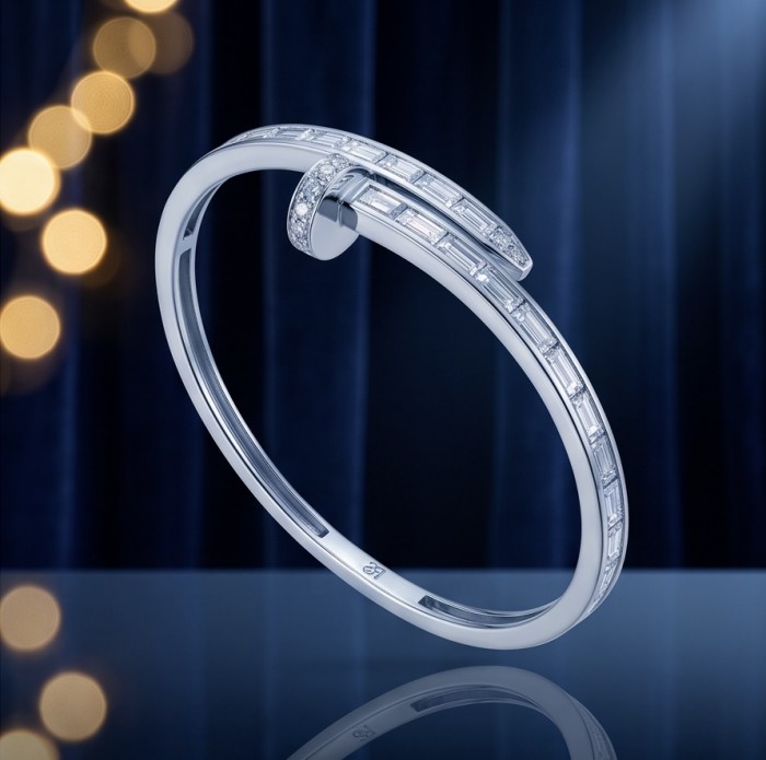 Nail 4.8 carat White Topaz rhodium over .925 Sterling Silver Bangle highly polished bracelet - Side view of Nail bracelet, 4.8 carat White Topaz, rhodium over silver.