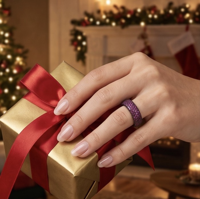 Giovanna 8.7 carat pave Kashmir Ruby .925 Sterling Silver handmade Statement Ring size 6 3/4 - Ring worn on hand with Christmas gift in background.