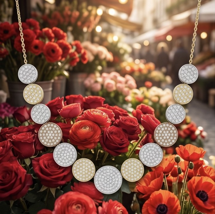 Precious 7.2 carat pave White Topaz 2 tones .925 Sterling Silver Golden Handcrafted Necklace - Necklace with pave White Topaz in floral market setting, front view.