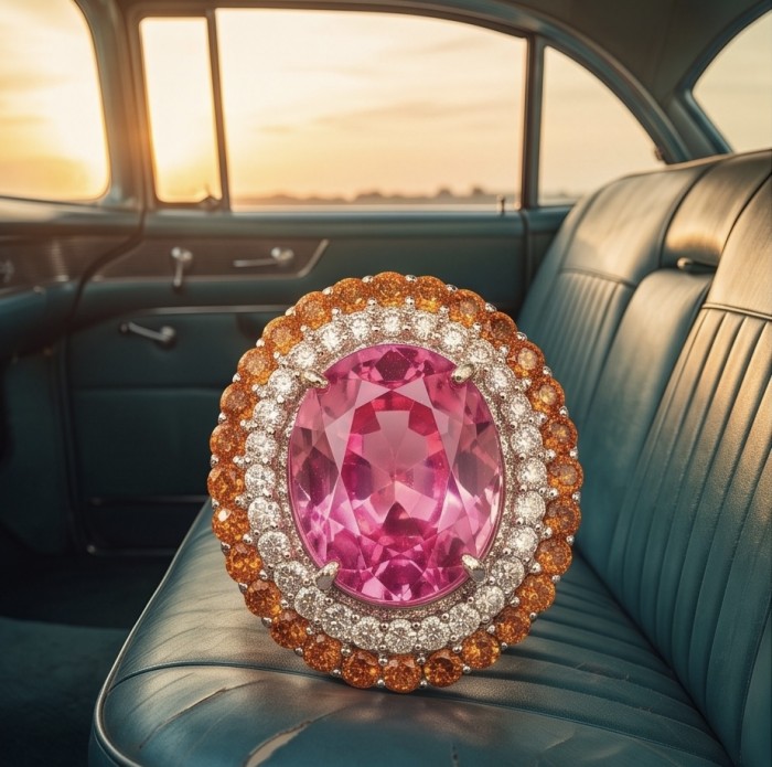 Anastasia 28.2 carat Pink Sapphire 1.8 carat Ruby 1.4 carat Moissanite .925 Sterling Silver dipped in Rhodium Handcrafted Statement Ring size 8 - Close-up of Anastasia pink sapphire and ruby jewelry on car seat