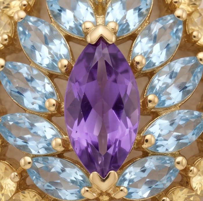 Natural 19.6 carat Fancy cut Amethyst 18K Gold over .925 Sterling Silver handmade pendant - Close-up of fancy cut amethyst with blue stones in gold setting.