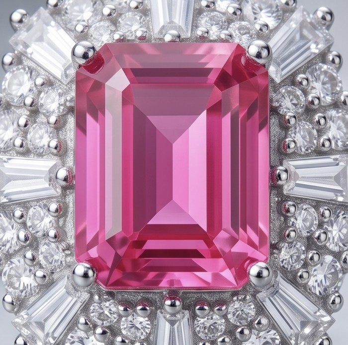 Anastasia 6.8 carat Pink Sapphire .925 Sterling Silver dipped in Rhodium Handcrafted Statement Ring size 7 - Pink sapphire stone close-up with surrounding diamonds in sterling silver.