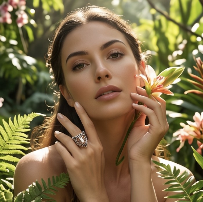 Rare finding! - Gephard authentic Baltic Amber .925 Sterling Silver handmade Statement Ring s. 8 adjustable - Woman wearing Gephard Baltic Amber ring in a garden setting.