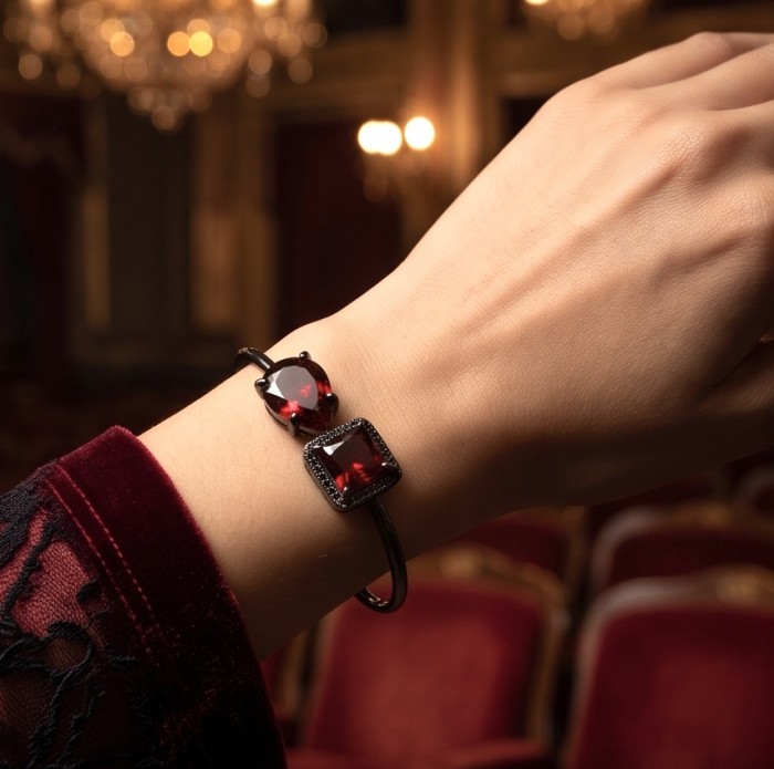 Precious Genuine 8.7 carat Garnet .925 Sterling Silver dipped in black rhodium handcrafted Bracelet - Worn garnet bracelet showing stones, black bangle, and velvet sleeve.