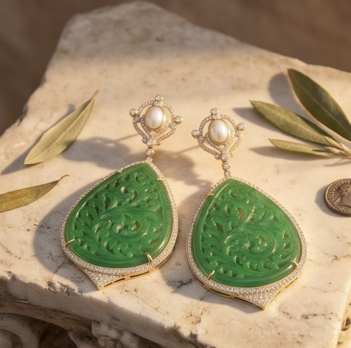 Enchanted Beauty 10.5 carat authentic Jade 14K Gold over .925 Sterling Silver handcrafted Long Statement earrings - Elegant jade earrings on marble with decorative gold detailing.