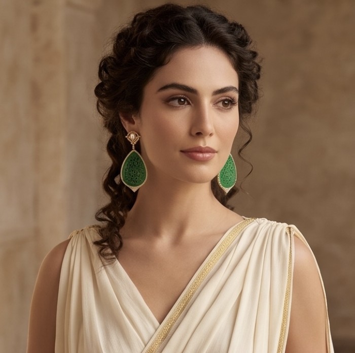 Enchanted Beauty 10.5 carat authentic Jade 14K Gold over .925 Sterling Silver handcrafted Long Statement earrings - Woman wearing Enchanted Beauty Jade earrings, side portrait view.