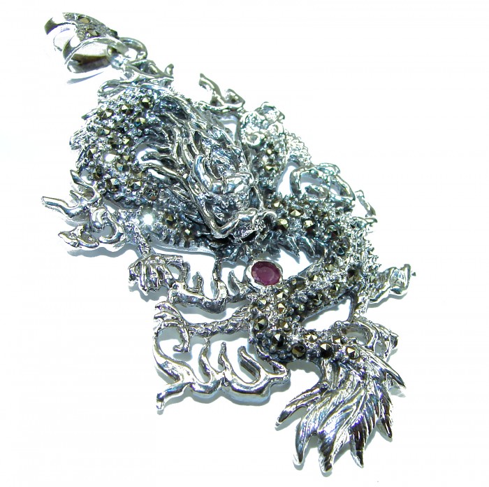 Large Flyaing Dragon Ruby Marcasite .925 Sterling Silver handcrafted Pendant - photo 1