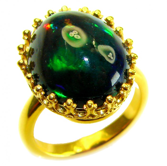 A COSMIC POWER Genuine 15.2 carat Black Opal 18K Gold over .925 Sterling Silver handmade Ring size 7 - Close-up of 15.2 carat black opal ring, 18K gold setting.