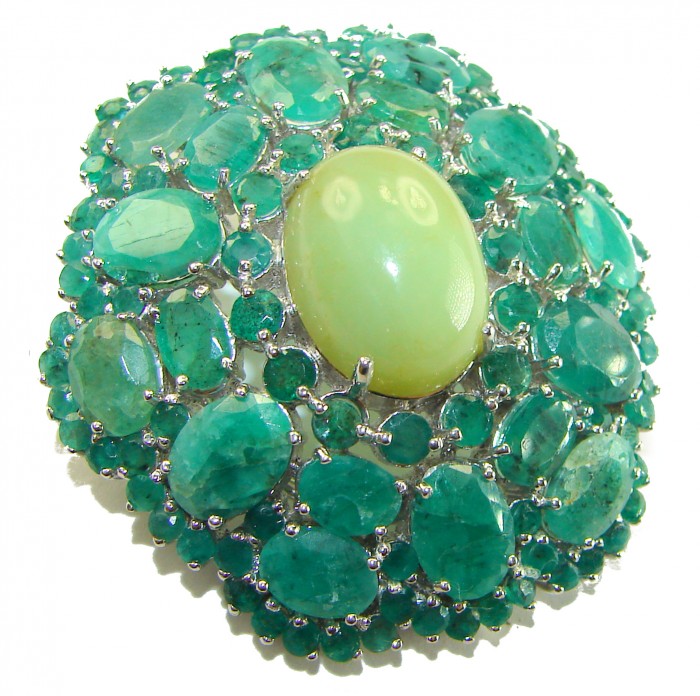 Vintage design 48.8 carat Vintage style Brazilian Green Tourmaline Colombian Emerald .925 Sterling Silver handmade Pendant - Brooch - Close-up of vintage style Brazilian green gemstone brooch