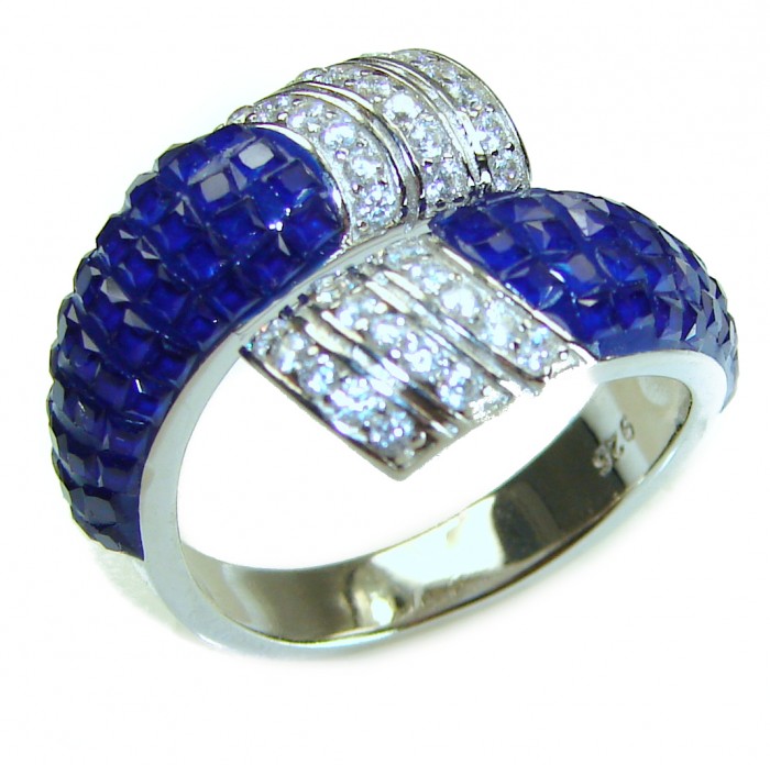 Art Deco 10.2 carat Sapphire .925 Sterling Silver handcrafted Ring size 8 - Side view of Art Deco sapphire and silver ring with diamond accents.
