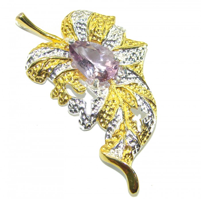 Precous Leaf Genuine Amethst 18K Gold over .925 Sterling Silver handcrafted Statement pendant - Elegant leaf brooch with amethyst, close-up front view, gold and silver details.