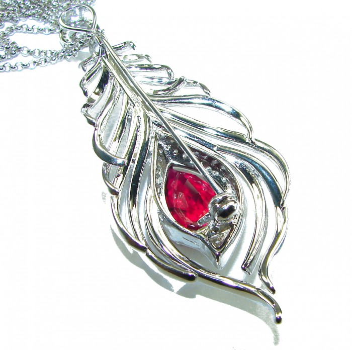 Authentic 12.5 carat faceted Australian Garnet .925 Sterling Silver handcrafted necklace pendant brooch - Sterling pendant, close-up of red garnet in feather detail.