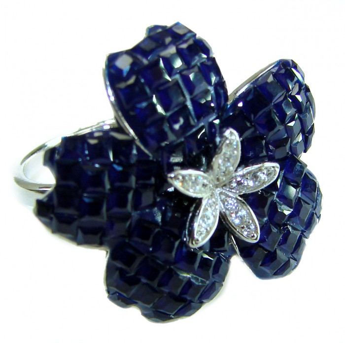 Blue Flower Authentic 16.2 carat Sapphire .925 Sterling Silver handcrafted Ring size 7 - Side view of blue flower ring with sapphires and diamonds.