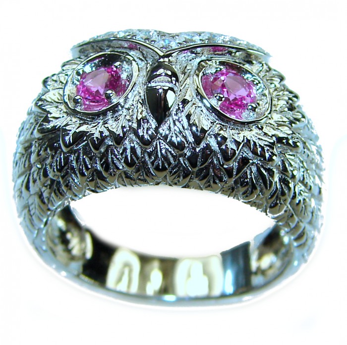 Owl 2.1 carat Pink Tourmaline Eyes .925 Sterling Silver dipped in real Gold handmade Ring size 7 1/4 - Front view of owl ring with pink tourmaline eyes in sterling silver.