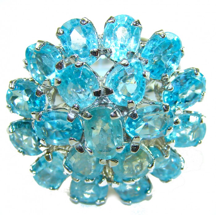 Endless Ocean 22.8 carat Swiss Blue Topaz .925 Sterling Silver handcrafted Large ring size 7 3/4 - Close-up of Swiss Blue Topaz cluster in sterling silver setting.