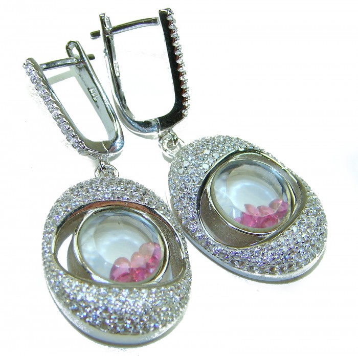 Floating Memories 11.5 carat Pink Sapphire .925 Sterling Silver Handcrafted Statement earrings - Close-up of floating sapphires in drop earrings, .925 sterling silver