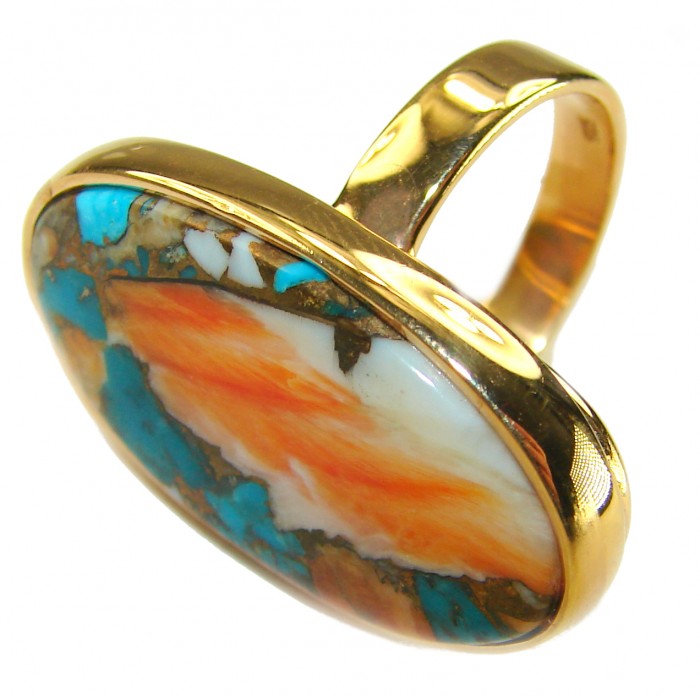Rare 29.5 carat Oyster Turquoise 18K Gold over .925 Sterling Silver handcrafted Large ring; s. 6 adjustable - Stone close-up of Oyster Turquoise ring in 18K gold over sterling silver