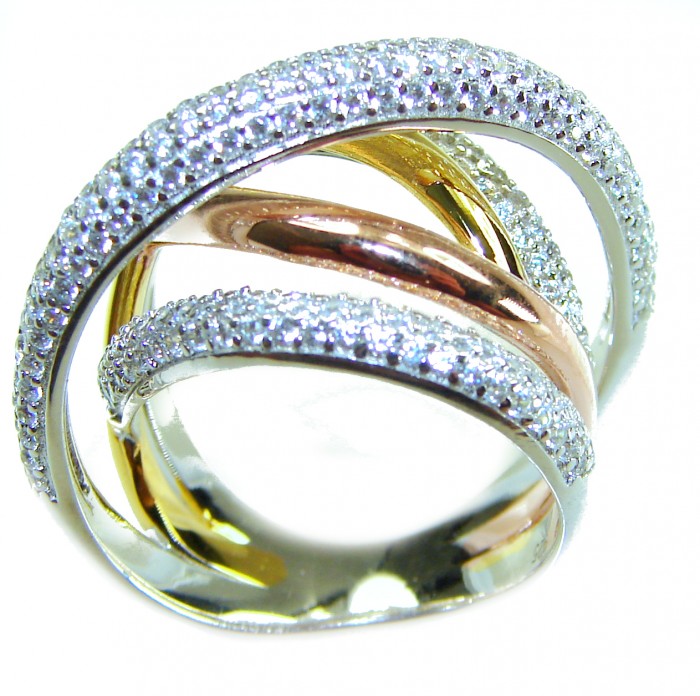 Golden Galaxy Genuine 8.8 carat 18K White Gold over .925 Sterling Silver handmade Ring size 7 1/4 - Three-band ring in white, yellow, and rose gold with diamonds, angled view.