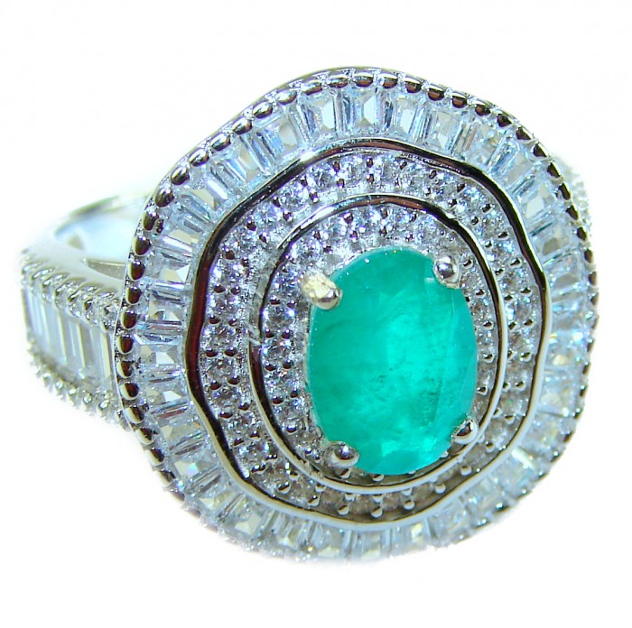 Art Decor Authentic 6.2 carat Colombian Emerald .925 Sterling Silver handcrafted Ring size 7 1/4 - Emerald ring close-up, showcasing 6.2 carat stone and diamond halo details.