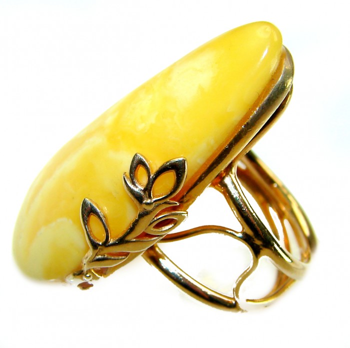Authentic Golden Butterscotch Baltic Amber 18K Gold over .925 Sterling Silver entirely handcrafted ring; s. 7 adjustable - Amber ring side view showing 18K gold detailing and setting.