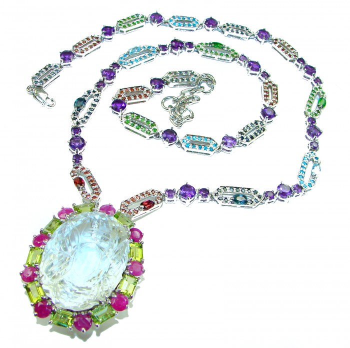 Giovanna Great quality authentic 39.5 carat White Topaz .925 Sterling Silver handmade handcrafted Necklace - Colorful gemstone necklace with large white topaz pendant, top view.