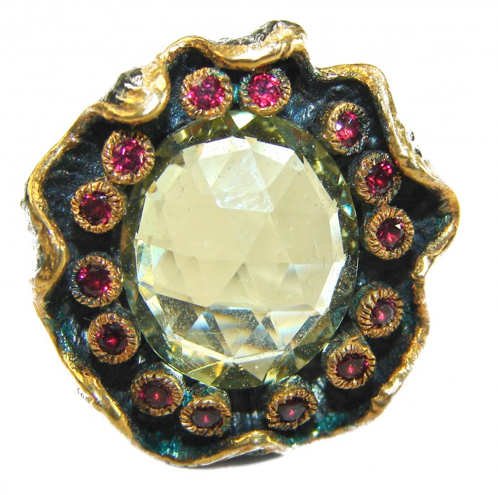 Real Treasure 10.5 carat Citrine .925 Sterling Silver dipped in Black rhodium Handcrafted Huge Ring size 6 - Close-up of a 10.5 carat Citrine ring with red accent stones.